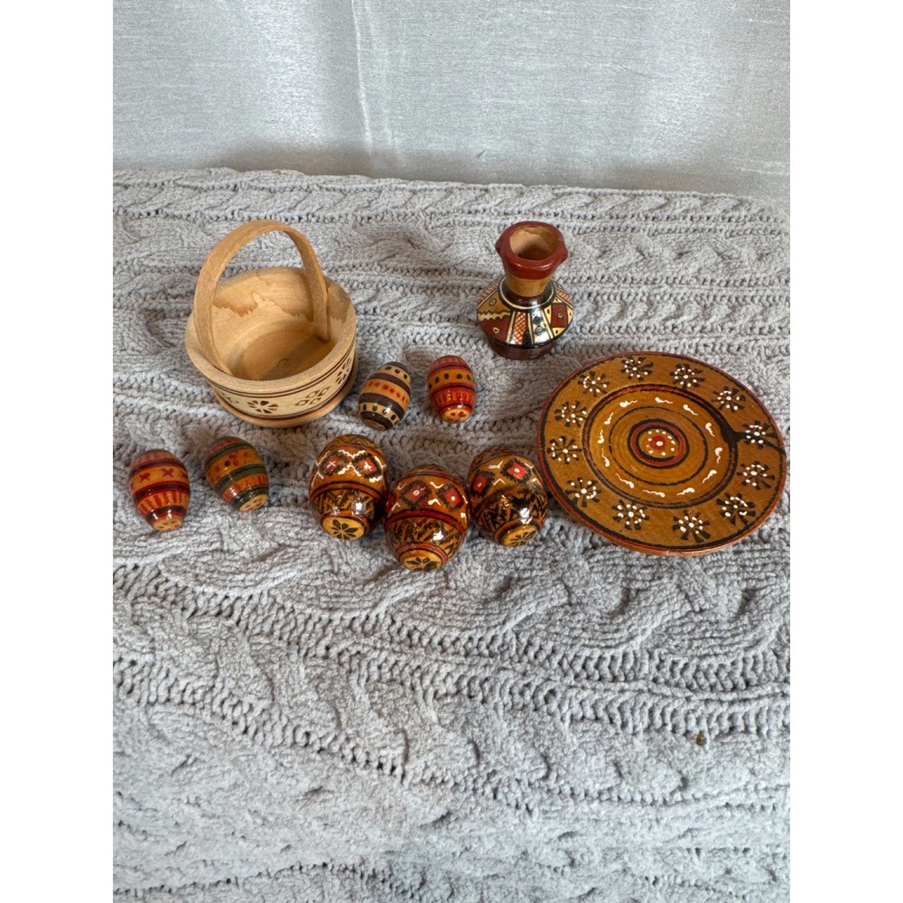 Hand Painted Wooden Nesting Eggs Vases Plate Set Folk Art‎ Decor